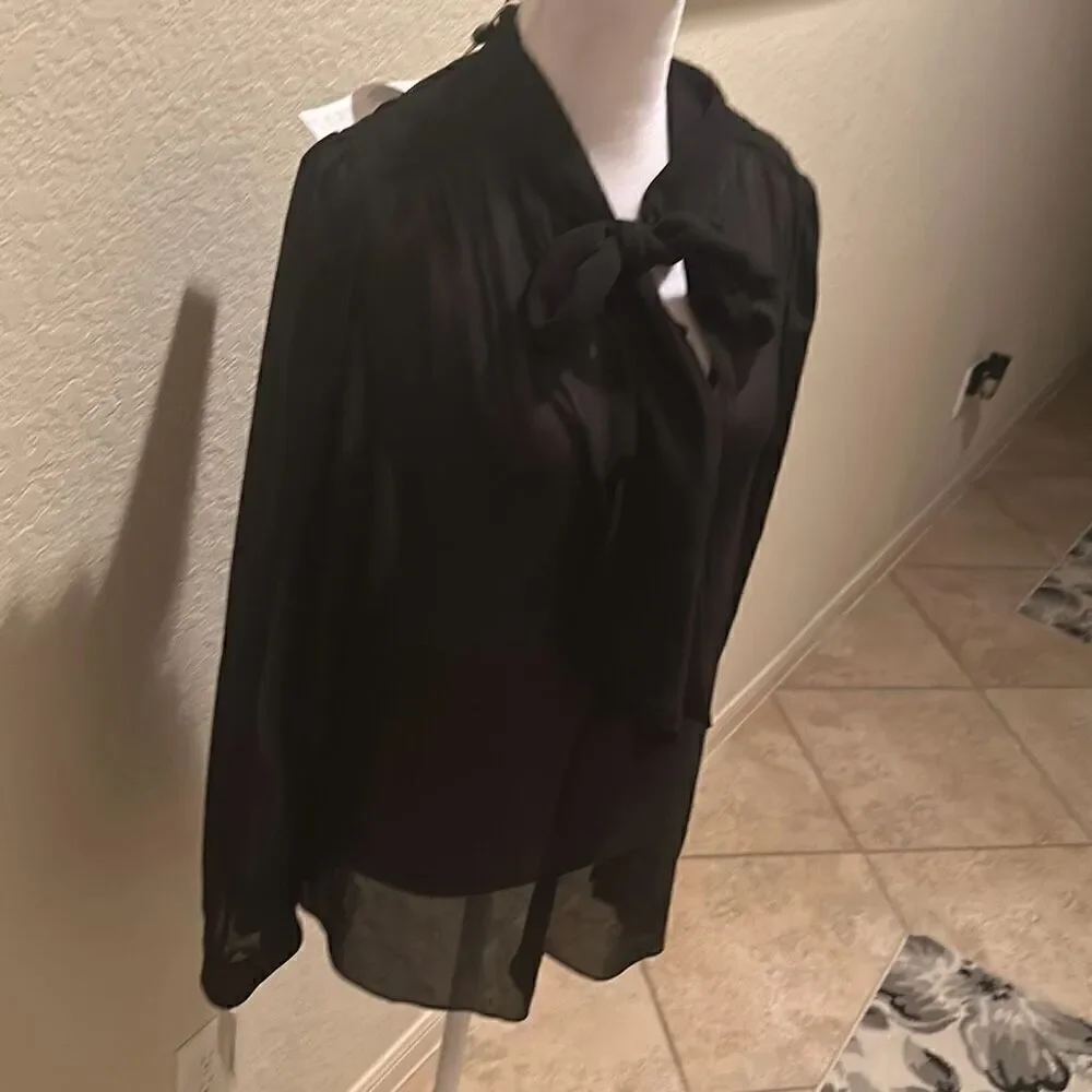 Patrizia Pepe Women's 44 Camicia Donna Long Sleeve Sheer Blouse Black Tie Neck